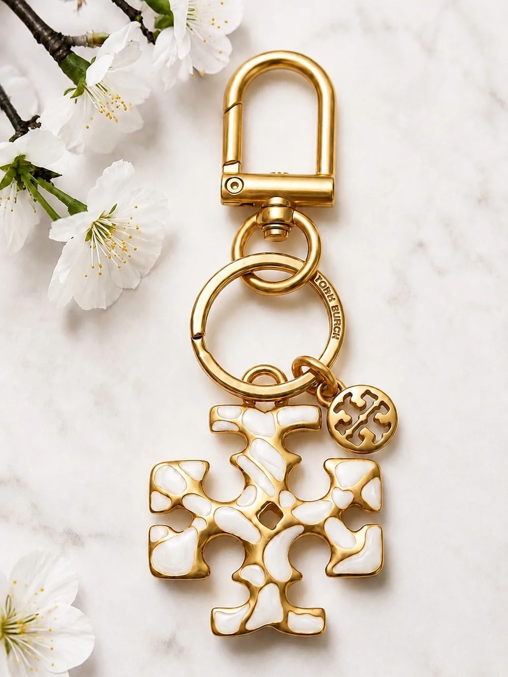 Tory Burch Kira Mosaic Double T Mother of Pearl Key Ring Bag Charm NWOT